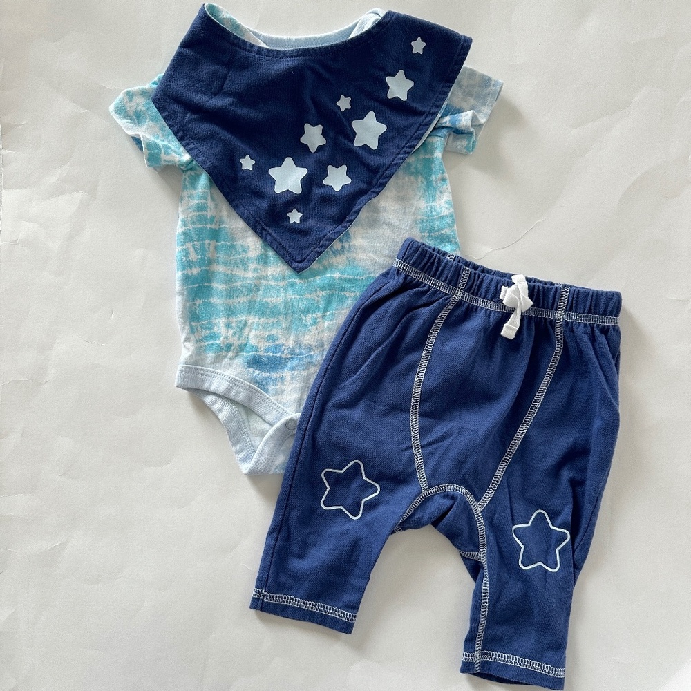 Cat & Jack Baby Boy Matching Set 0-3M Blue Tye-Dye Stars 3 pieces